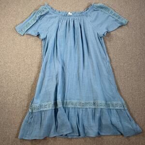 Naif Off Shoulder Gauzy Crochet Trim Dress Women's Large Blue Short Sleeve Flowy